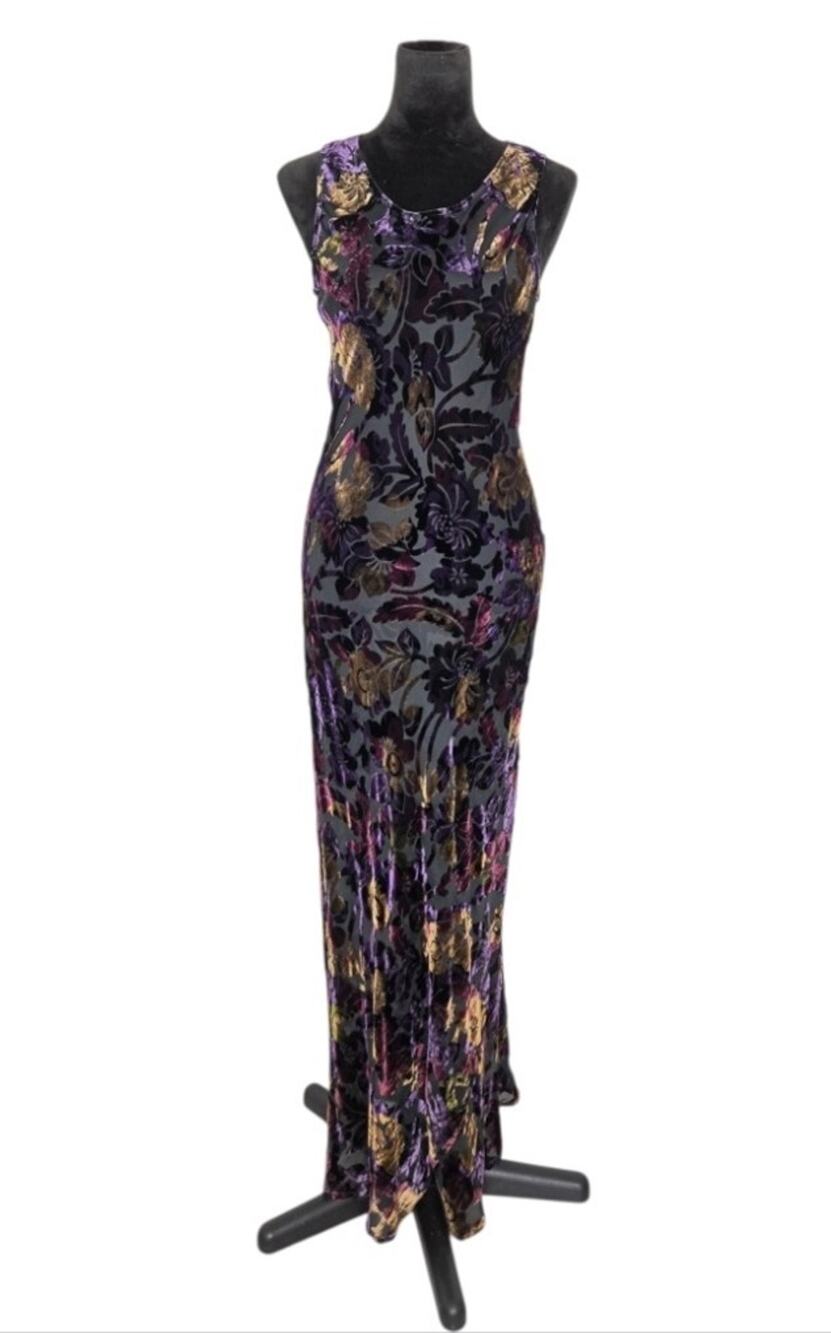 A.B.S Y2K Silk Blend Burnout Velvet Sheer Floral Maxi Dress Fairycore Whimsy 12